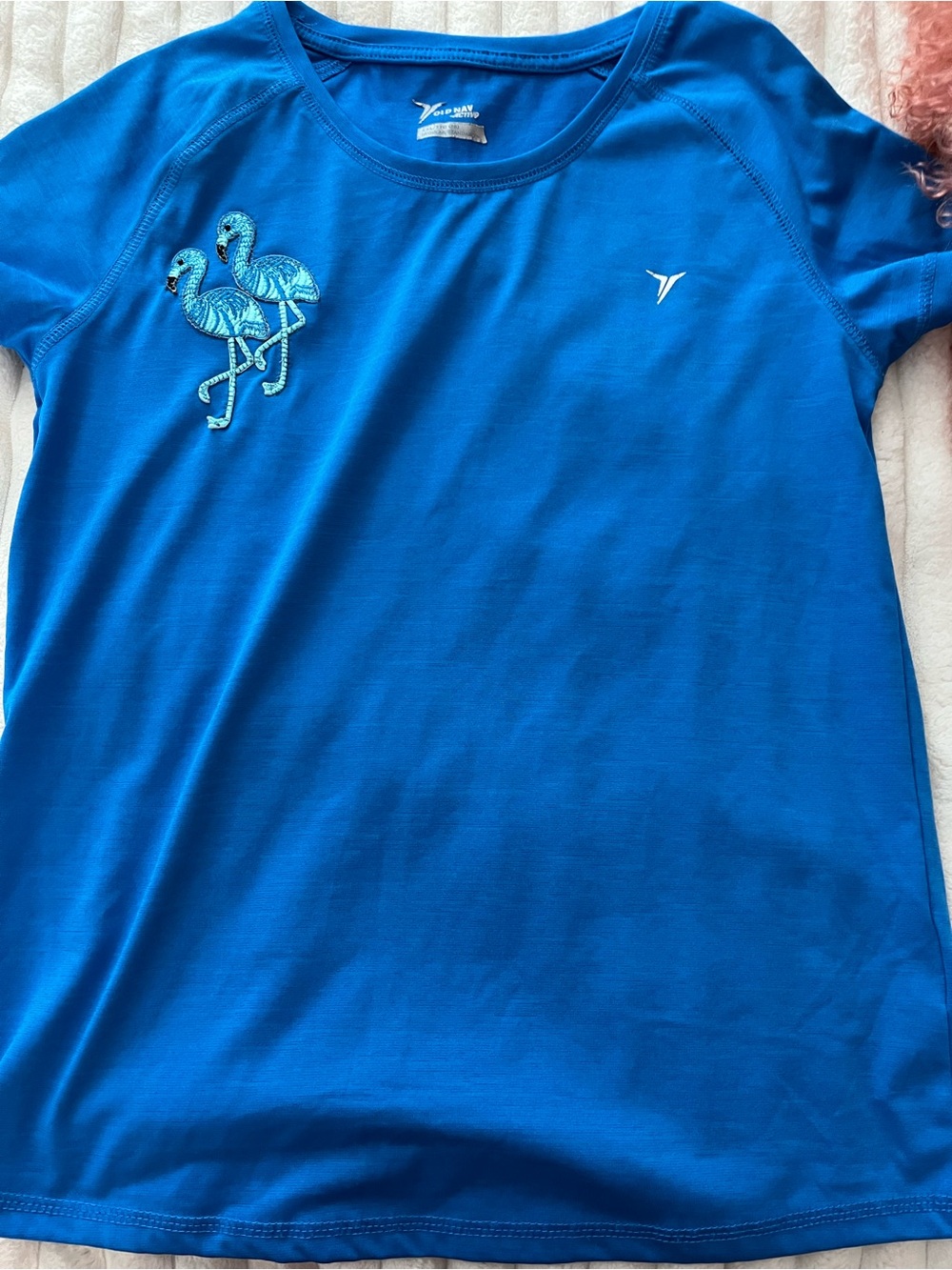 Girls Blue Active Tee with Flamingo Patch - DryFit Style